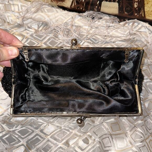 Beaded Satin Kissing Evening Clutch Black Silver Tone Hardware - Picture 5 of 6